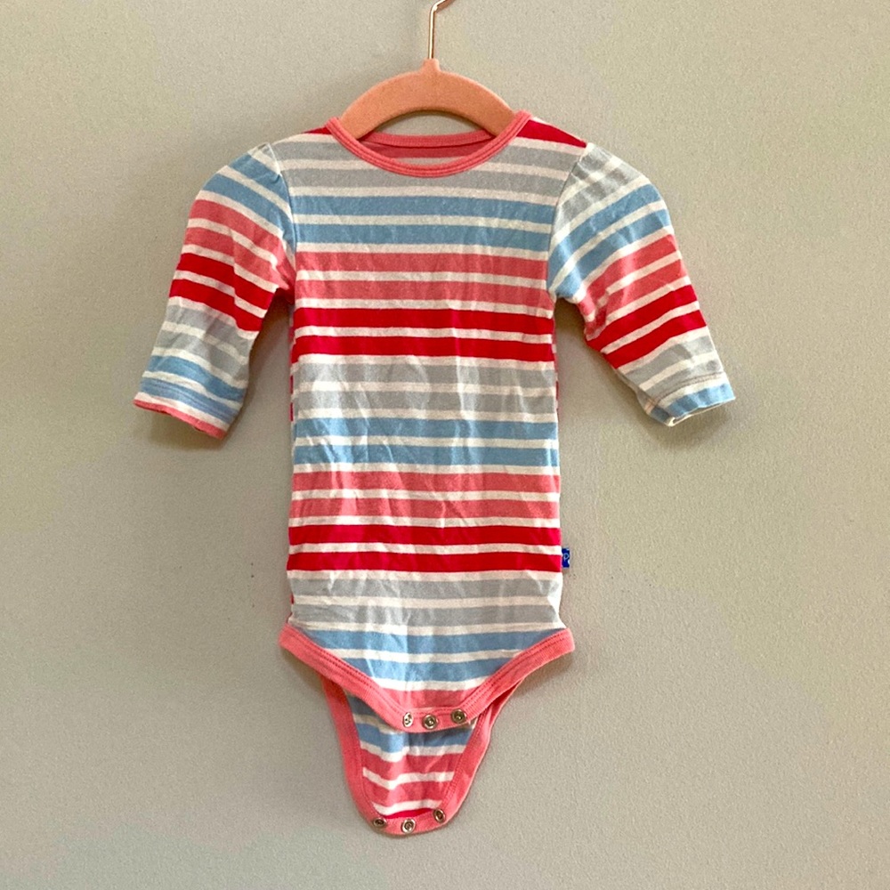 Kickee Pants long sleeved body suit in pink, white, blue stripes. Size 3-6 mo